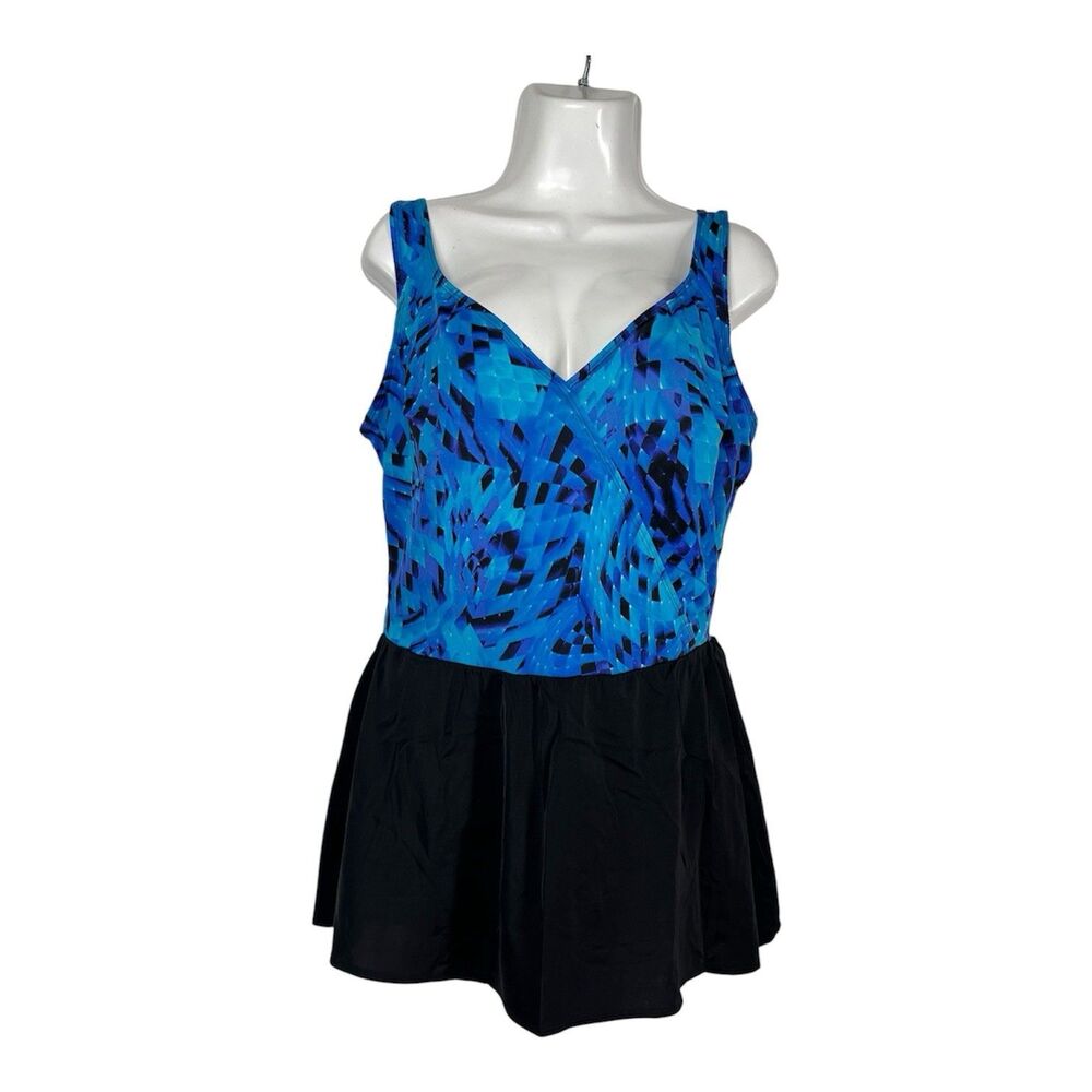 Longitude One Piece Swimdress 18 Plus Blue Black Skirted Shaping Bathing Suit
